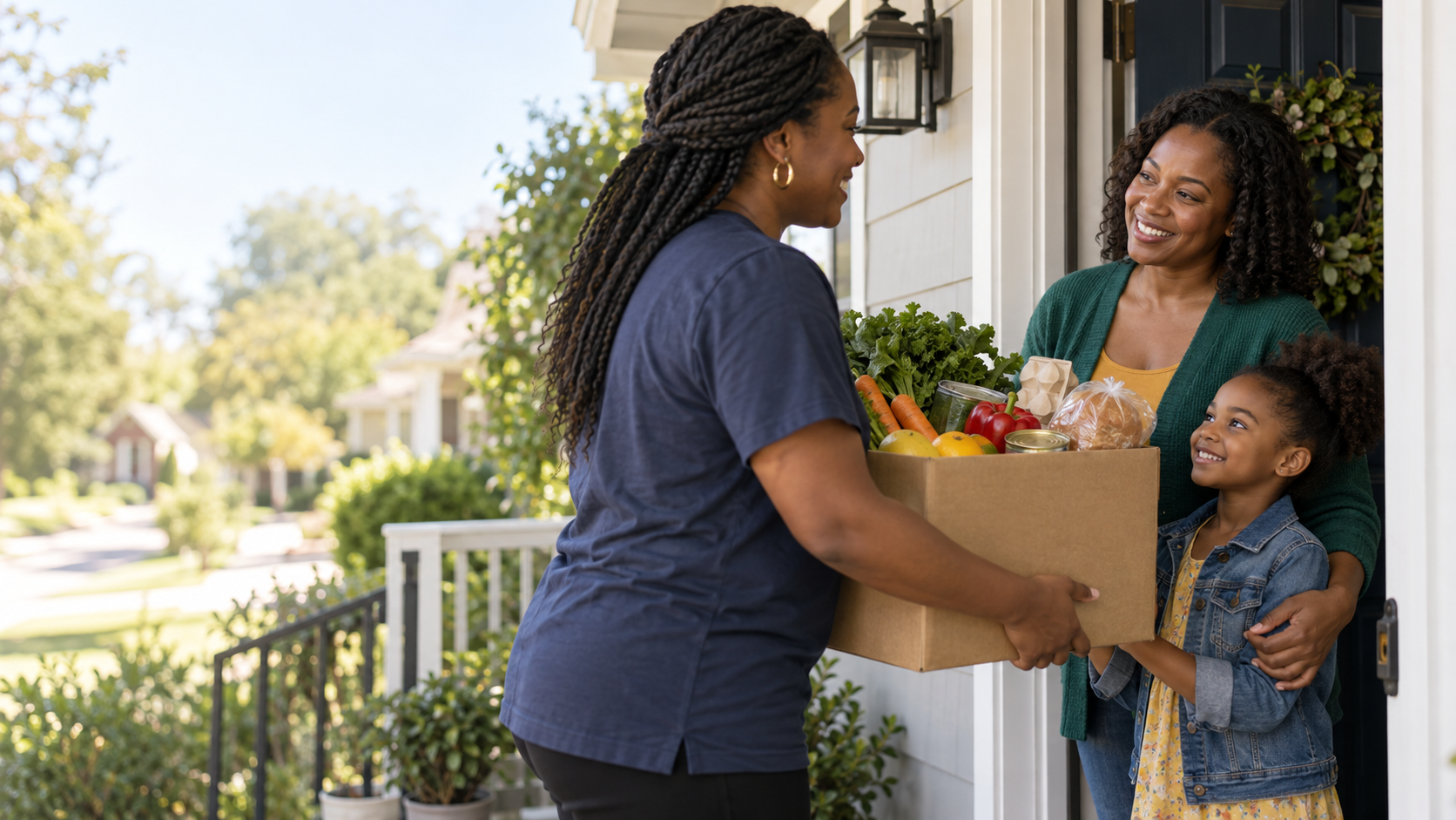 A representative family receiving a box of groceries from a community volunteer