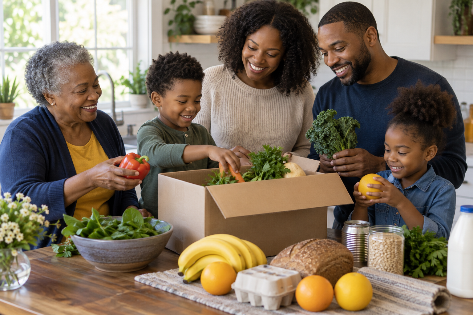 A representative multigenerational family unpacking fresh groceries together