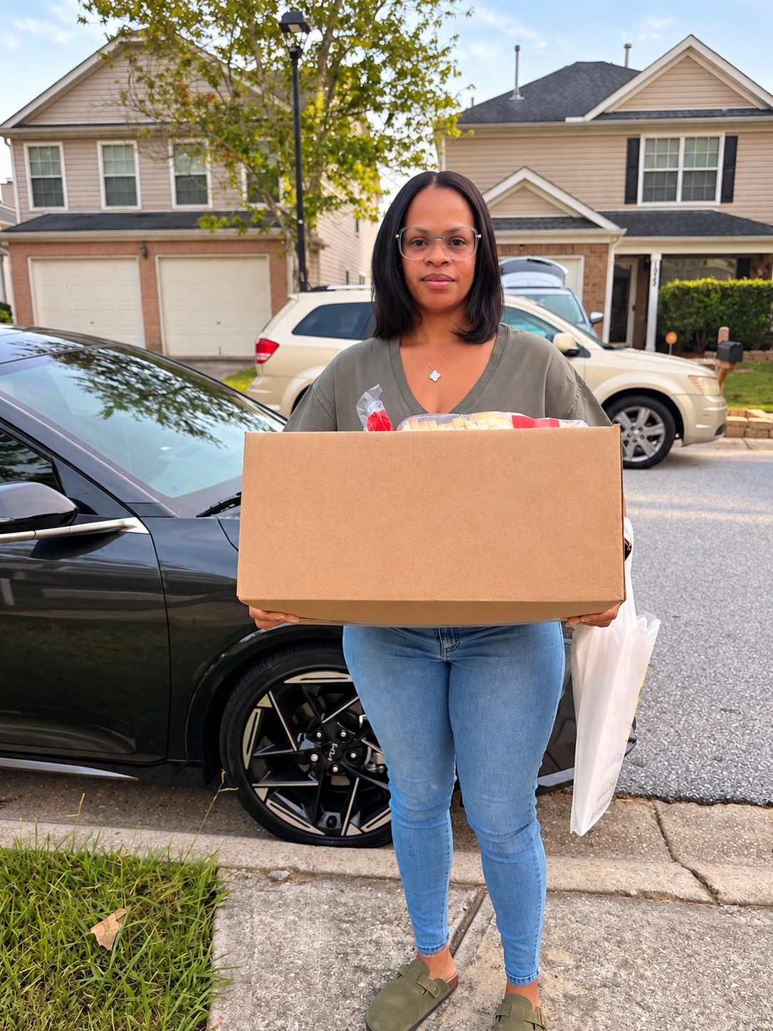 Mikel holding a food box during a delivery
